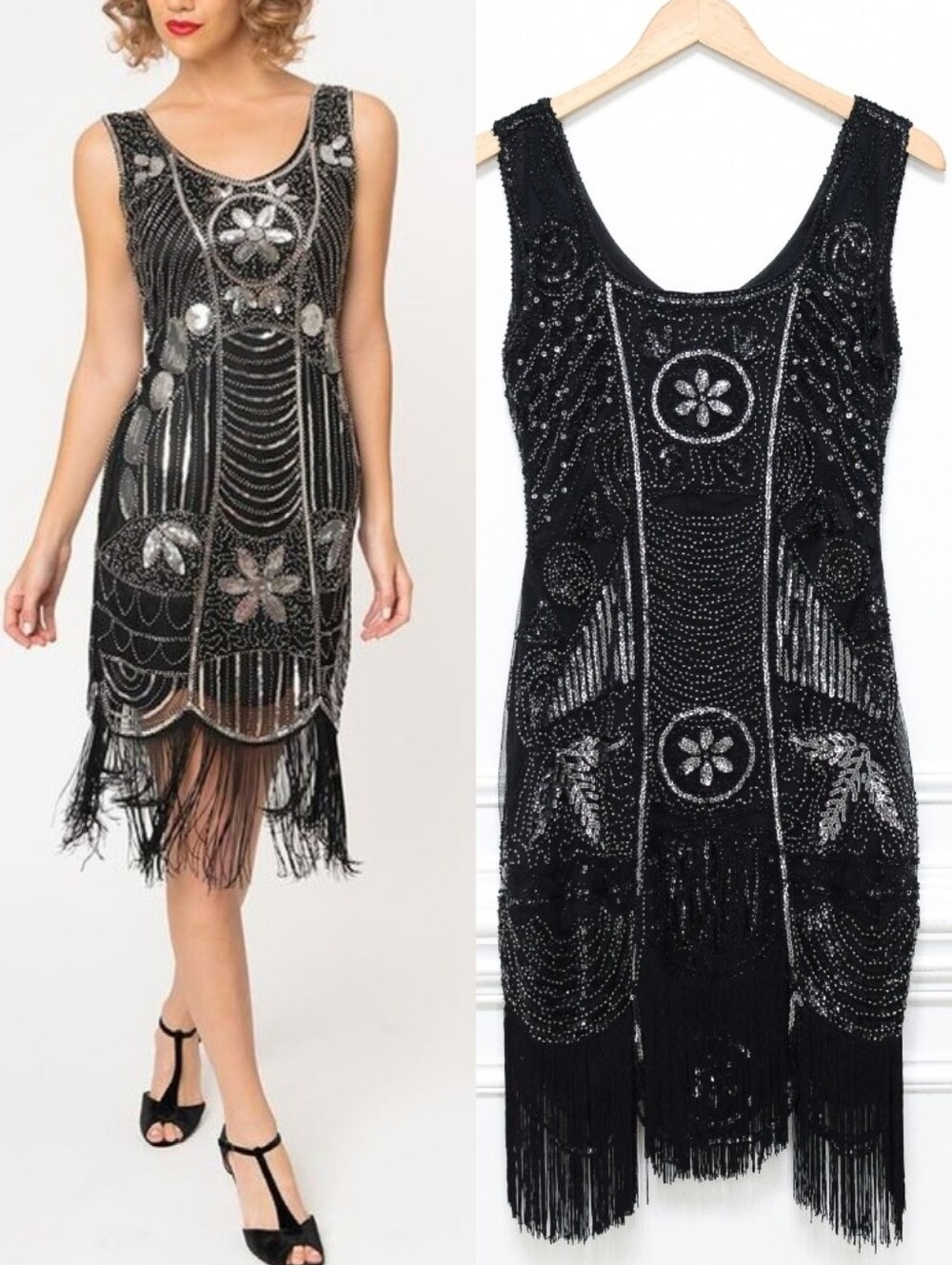 Unique Vintage Bosley Black Beaded Fringe Flapper Dress Sequins Size S Art Deco